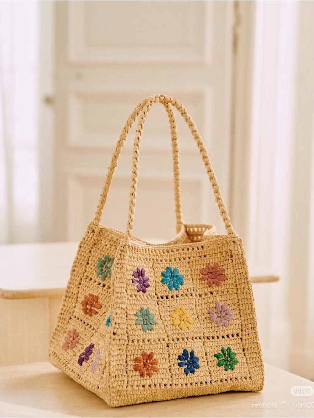 Handmade 100% Natural Raffia Straw Tote with Colorful Floral Embroidery